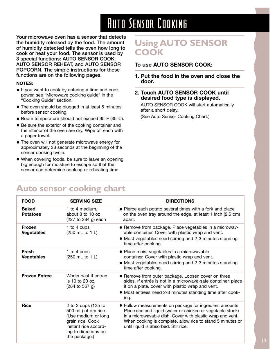 Auto sensor cooking, Using auto sensor cook, Auto sensor cooking chart | KITCHENAID KCMS185J User Manual | Page 17 / 52