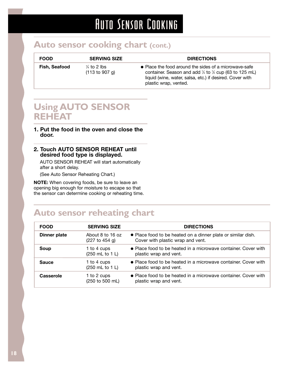 Auto sensor cooking, Auto sensor reheating chart, Auto sensor cooking chart | Using auto sensor reheat, Cont.) | KITCHENAID KCMS185J User Manual | Page 18 / 52