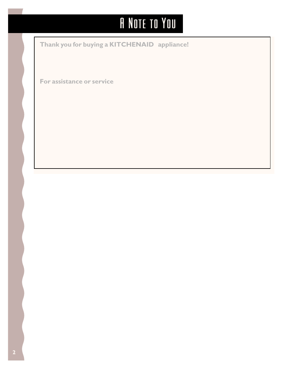 A note to you | KITCHENAID KCMS185J User Manual | Page 2 / 52