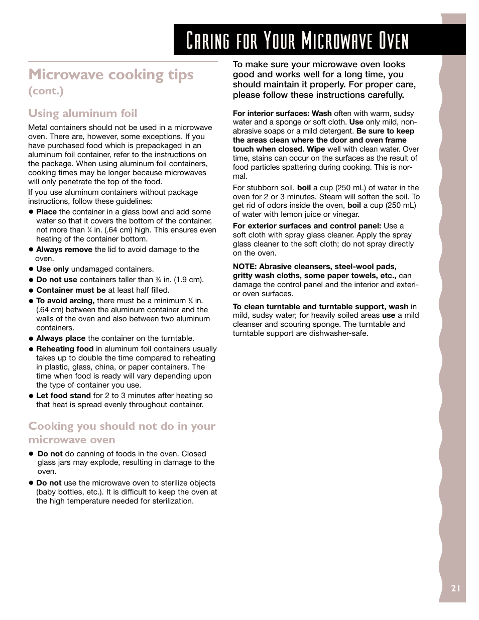 Caring for your microwave oven, Microwave cooking tips, Cont.) using aluminum foil | Cooking you should not do in your microwave oven | KITCHENAID KCMS185J User Manual | Page 21 / 52