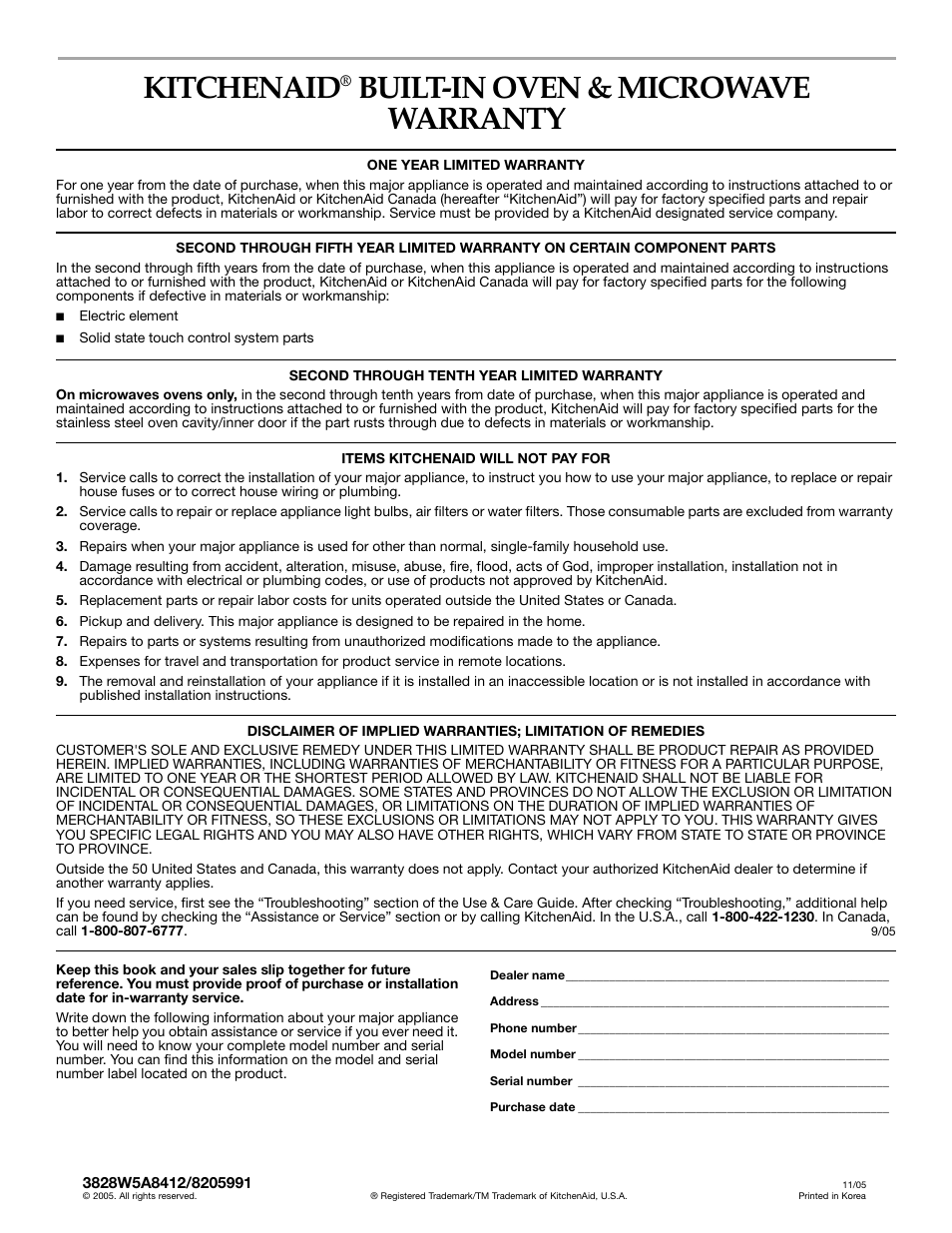 Warranty, Kitchenaid, Built-in oven & microwave warranty | KITCHENAID KCMS185J User Manual | Page 25 / 52