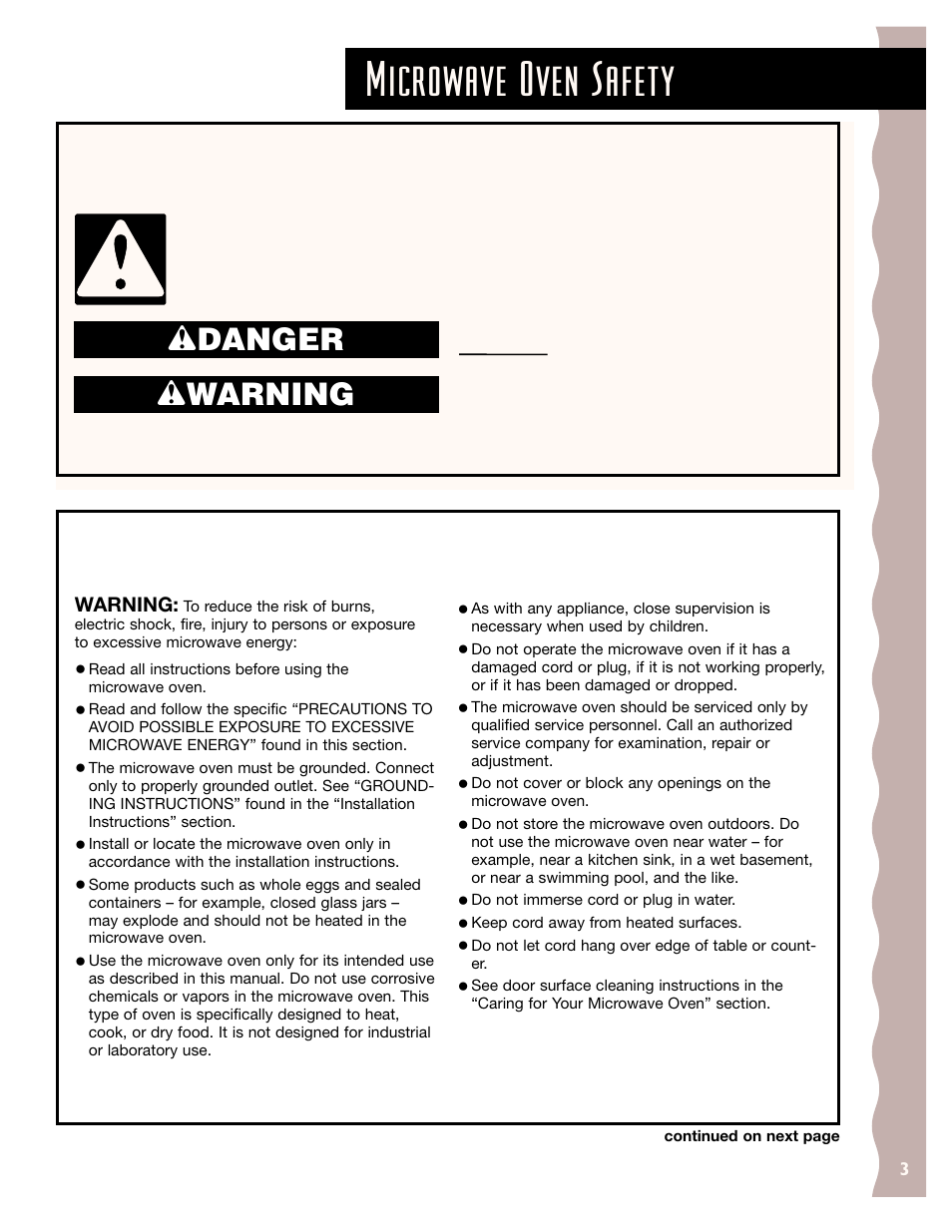 Safety, Microwave oven safety, Wdanger w warning | Important safety instructions, Save these instructions | KITCHENAID KCMS185J User Manual | Page 3 / 52