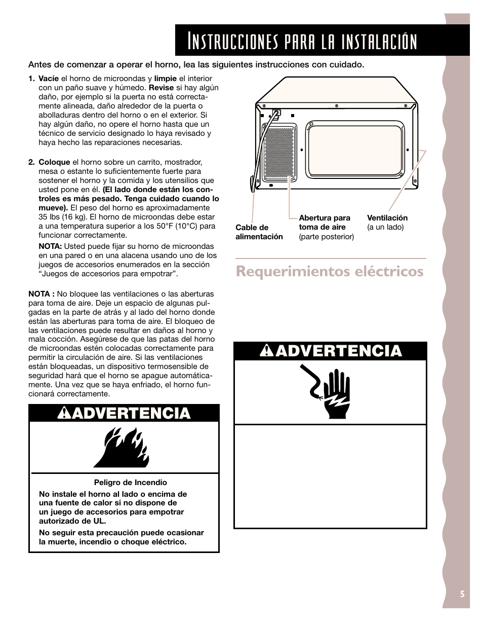 Instrucciones para la instalación, Requerimientos eléctricos, Wadvertencia | KITCHENAID KCMS185J User Manual | Page 30 / 52