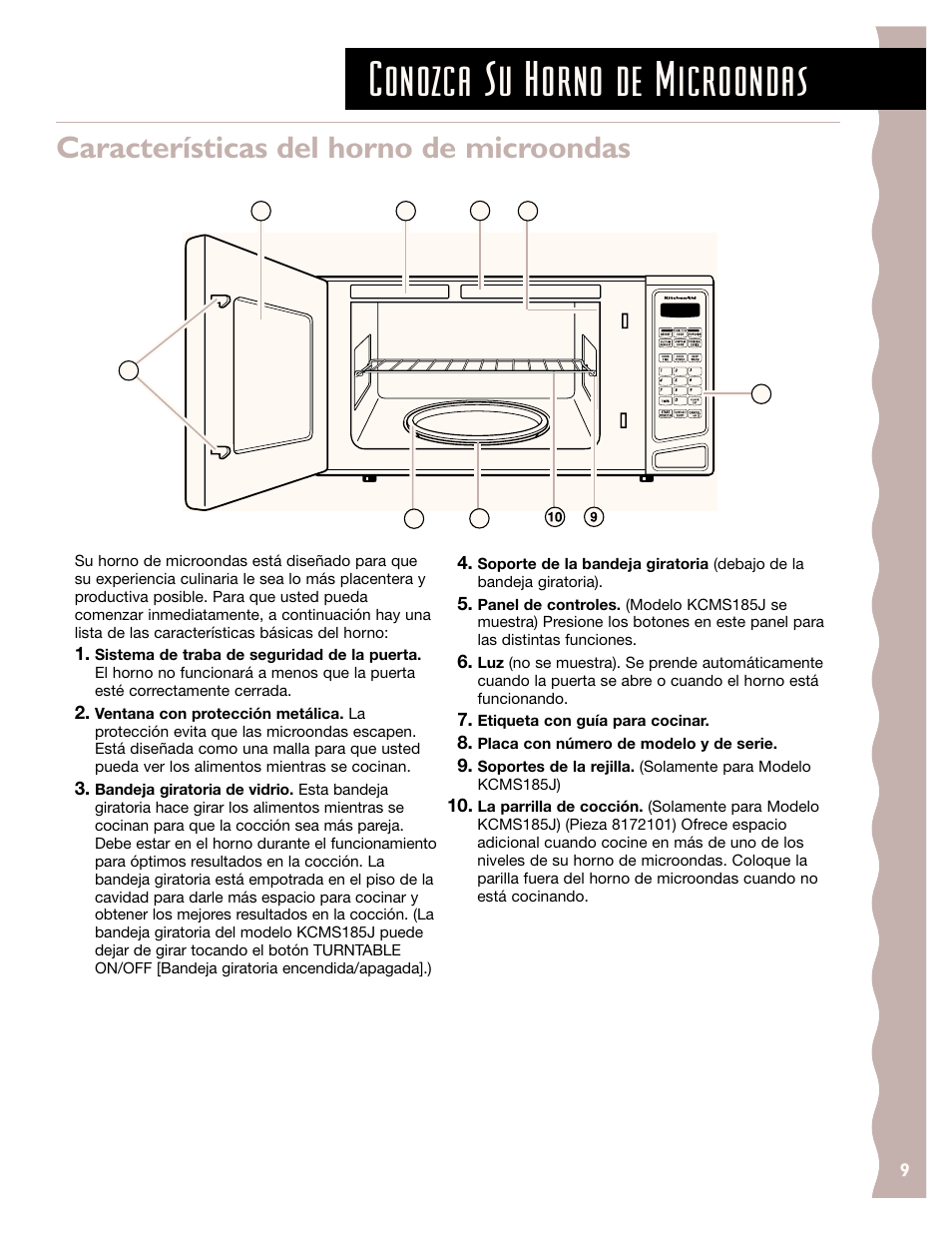 Conozca su horno de microondas, Características del horno de microondas | KITCHENAID KCMS185J User Manual | Page 34 / 52