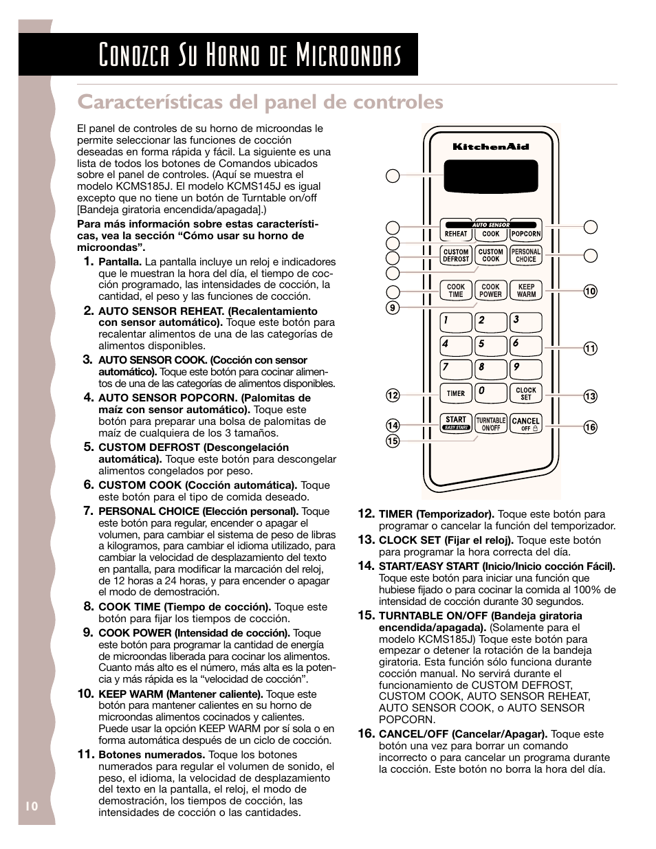 Conozca su horno de microondas, Características del panel de controles | KITCHENAID KCMS185J User Manual | Page 35 / 52