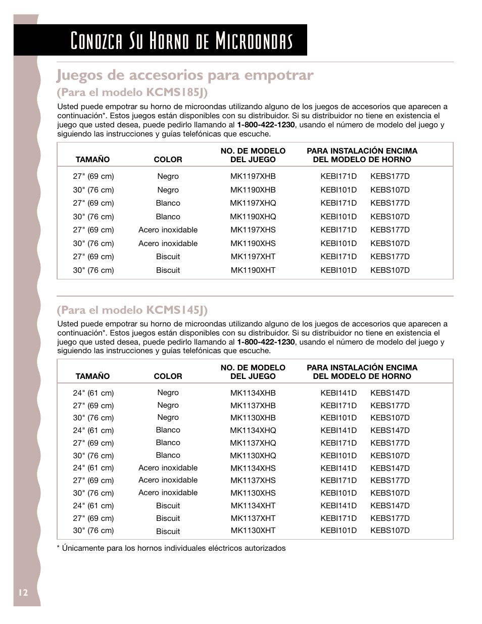 Conozca su horno de microondas, Juegos de accesorios para empotrar, Para el modelo kcms145j) | Para el modelo kcms185j) | KITCHENAID KCMS185J User Manual | Page 37 / 52