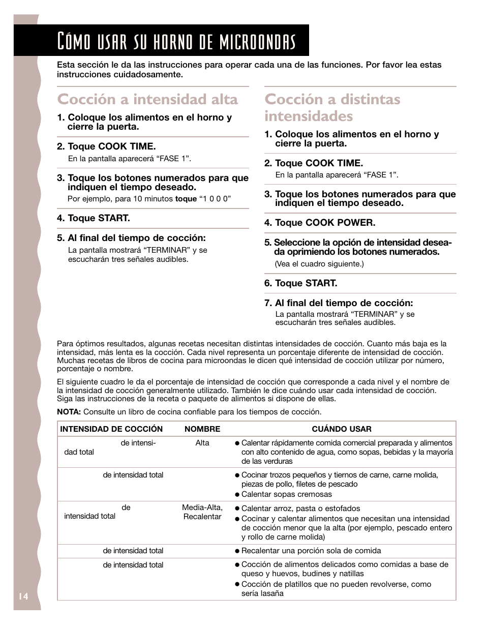 Cómo usar su horno de microondas, Cocción a intensidad alta, Cocción a distintas intensidades | KITCHENAID KCMS185J User Manual | Page 39 / 52