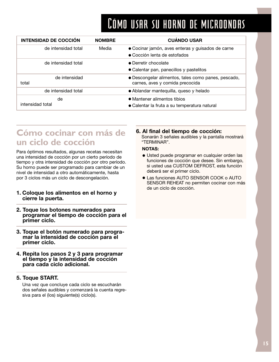 Cómo usar su horno de microondas, Cómo cocinar con más de un ciclo de cocción | KITCHENAID KCMS185J User Manual | Page 40 / 52