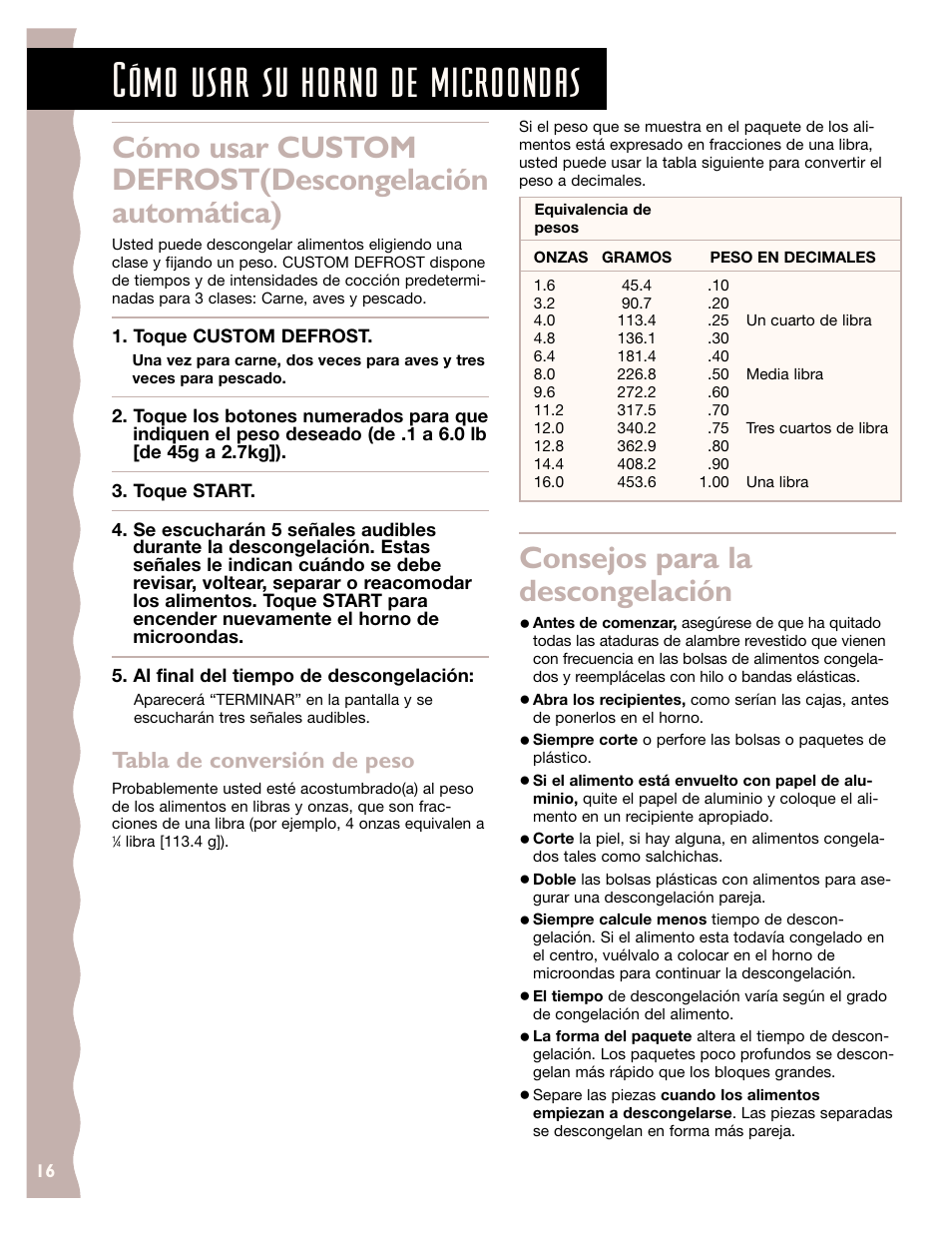 Cómo usar su horno de microondas, Consejos para la descongelación, Tabla de conversión de peso | KITCHENAID KCMS185J User Manual | Page 41 / 52