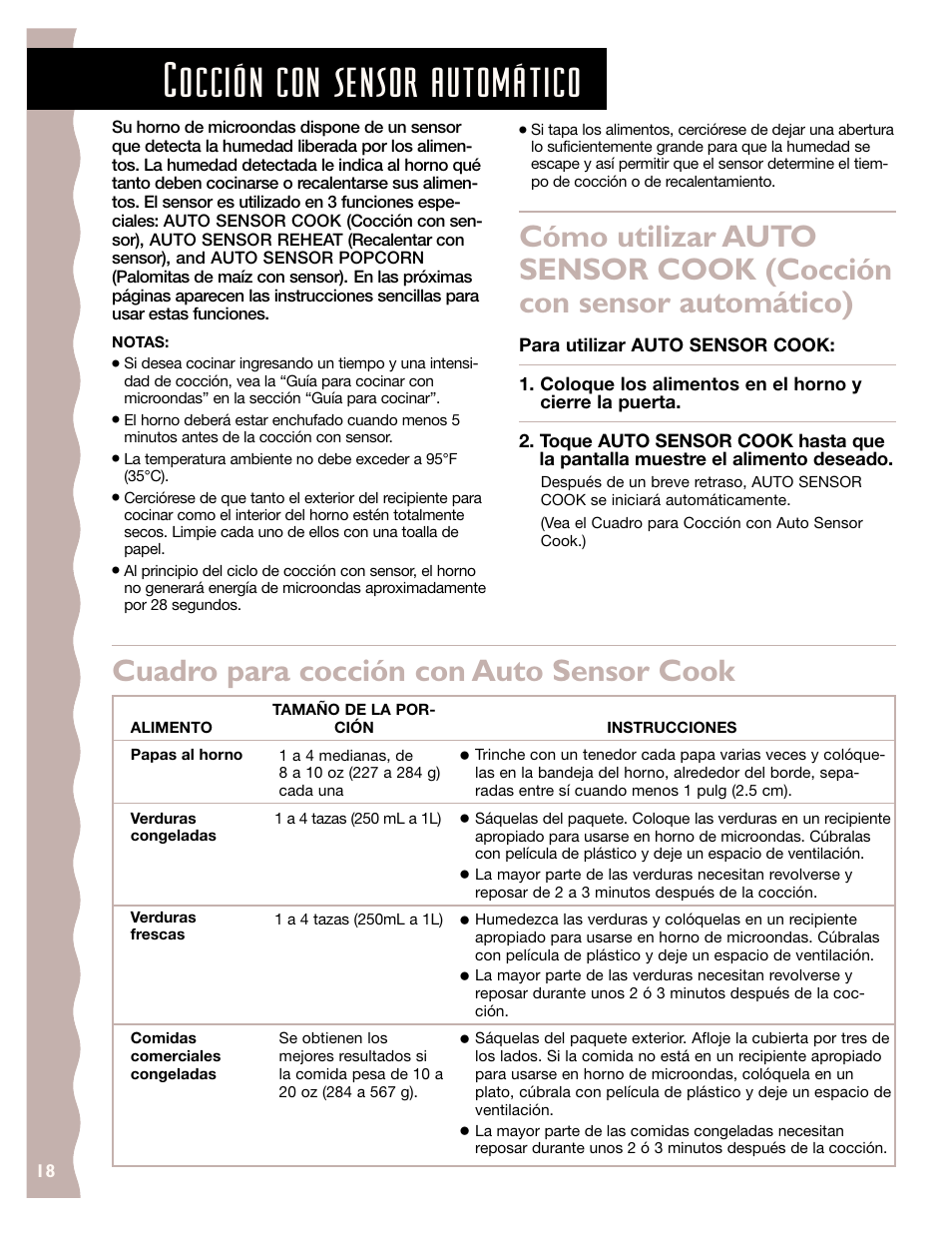 Cocción con sensor automático, Cuadro para cocción con auto sensor cook | KITCHENAID KCMS185J User Manual | Page 43 / 52