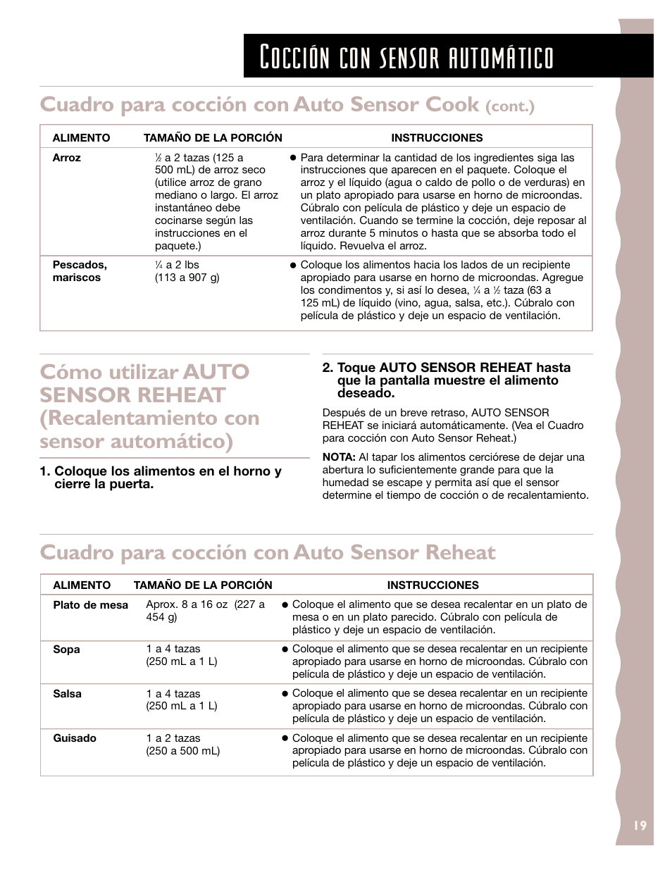 Cocción con sensor automático, Cuadro para cocción con auto sensor reheat, Cuadro para cocción con auto sensor cook | Cont.) | KITCHENAID KCMS185J User Manual | Page 44 / 52