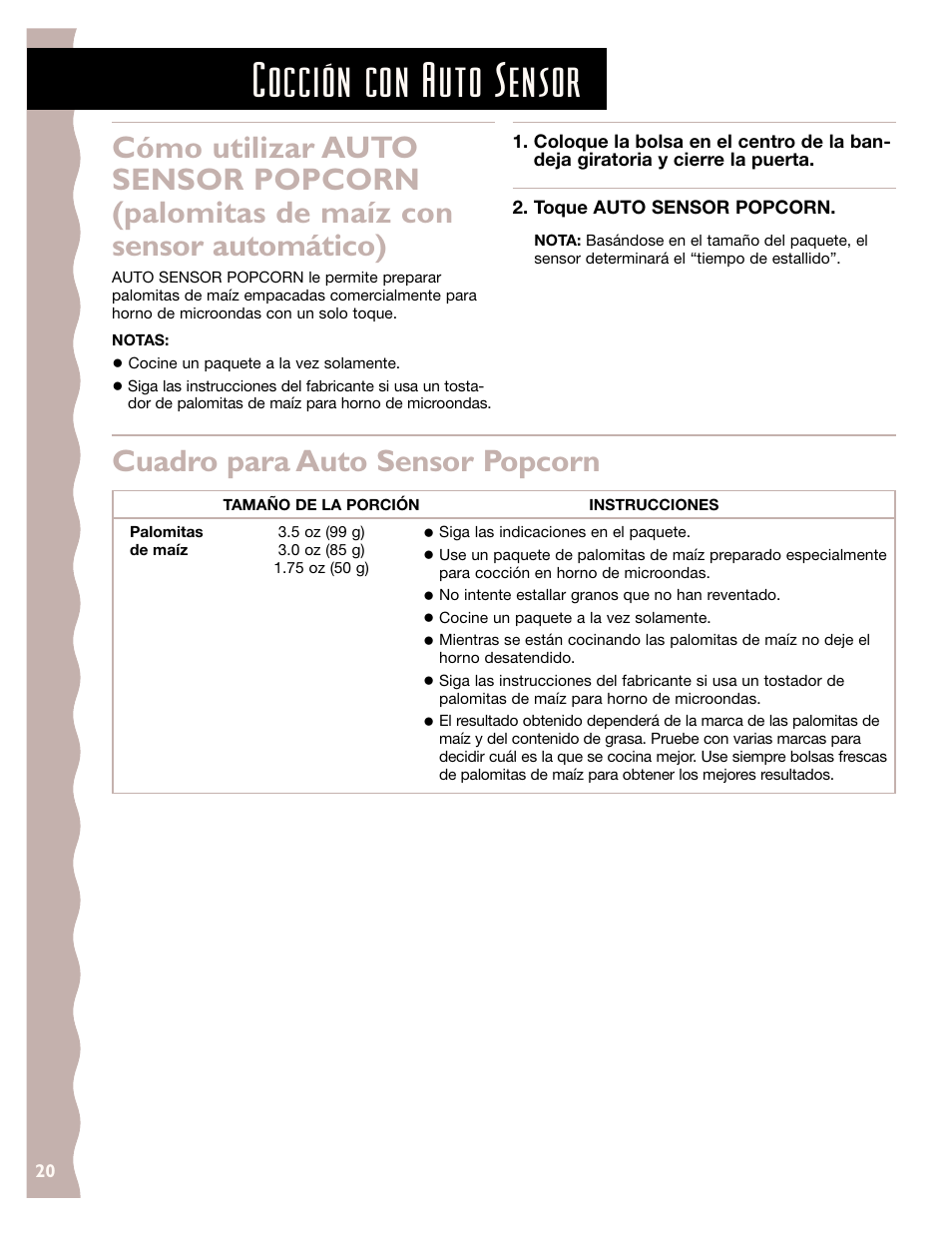Cocción con auto sensor, Cuadro para auto sensor popcorn | KITCHENAID KCMS185J User Manual | Page 45 / 52