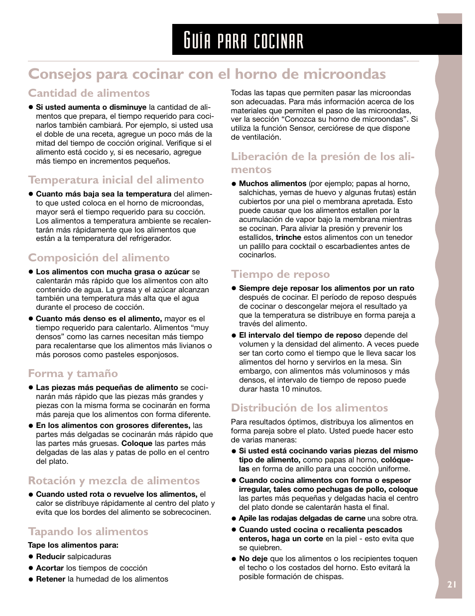 Guía para cocinar, Consejos para cocinar con el horno de microondas | KITCHENAID KCMS185J User Manual | Page 46 / 52