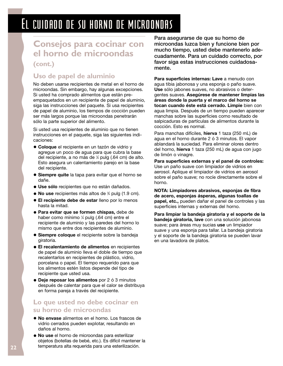 El cuidado de su horno de microondas, Consejos para cocinar con el horno de microondas, Cont.) uso de papel de aluminio | KITCHENAID KCMS185J User Manual | Page 47 / 52