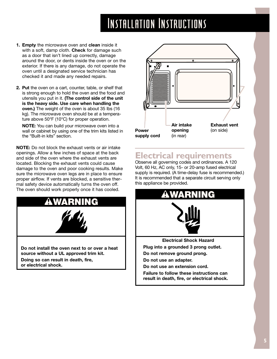 Installation instructions, Wwarning, Electrical requirements | KITCHENAID KCMS185J User Manual | Page 5 / 52