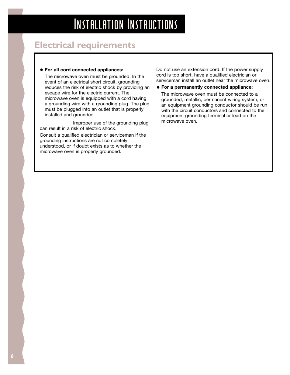 Installation instructions, Electrical requirements, Grounding instructions | Save these instructions | KITCHENAID KCMS185J User Manual | Page 6 / 52
