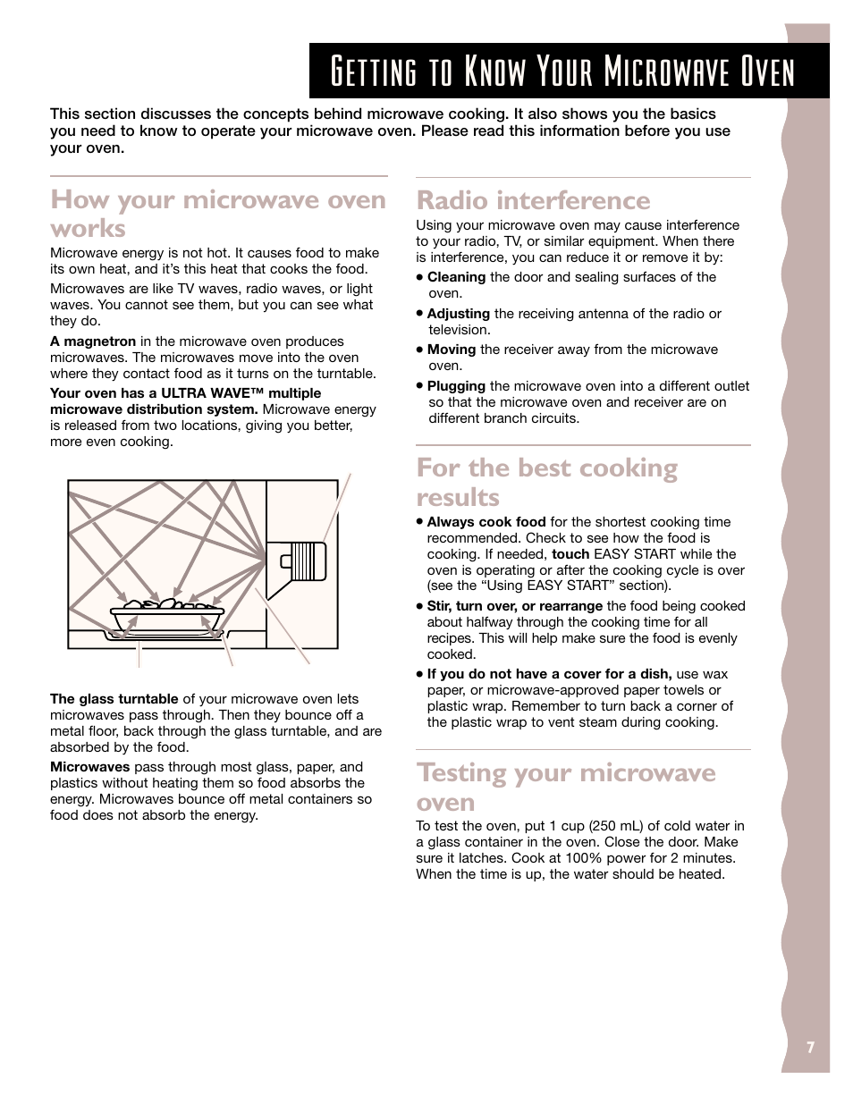 Getting to know your microwave oven, How your microwave oven works, Radio interference | For the best cooking results, Testing your microwave oven | KITCHENAID KCMS185J User Manual | Page 7 / 52