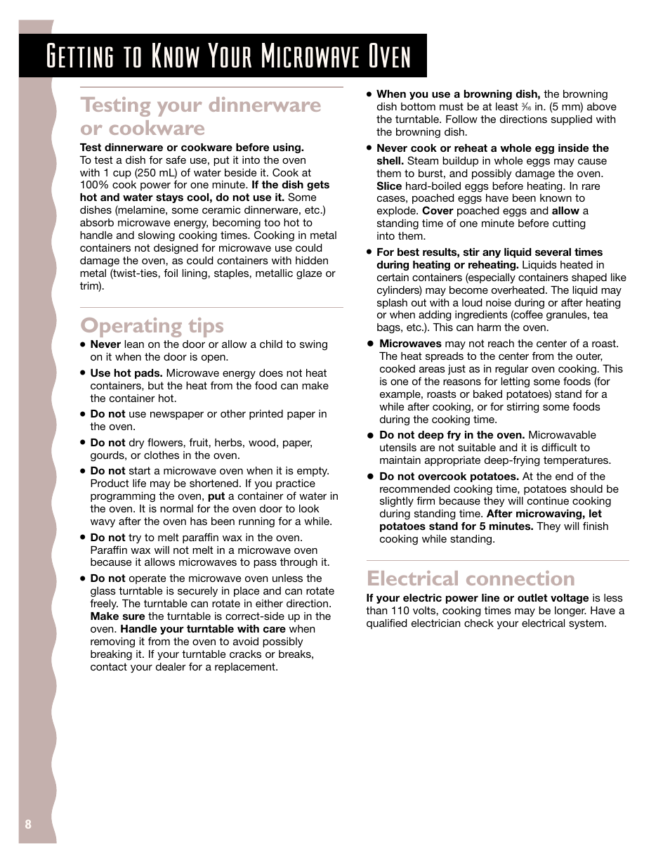 Testing your dinnerware or cookware, Operating tips, Electrical connection | Getting to know your microwave oven | KITCHENAID KCMS185J User Manual | Page 8 / 52