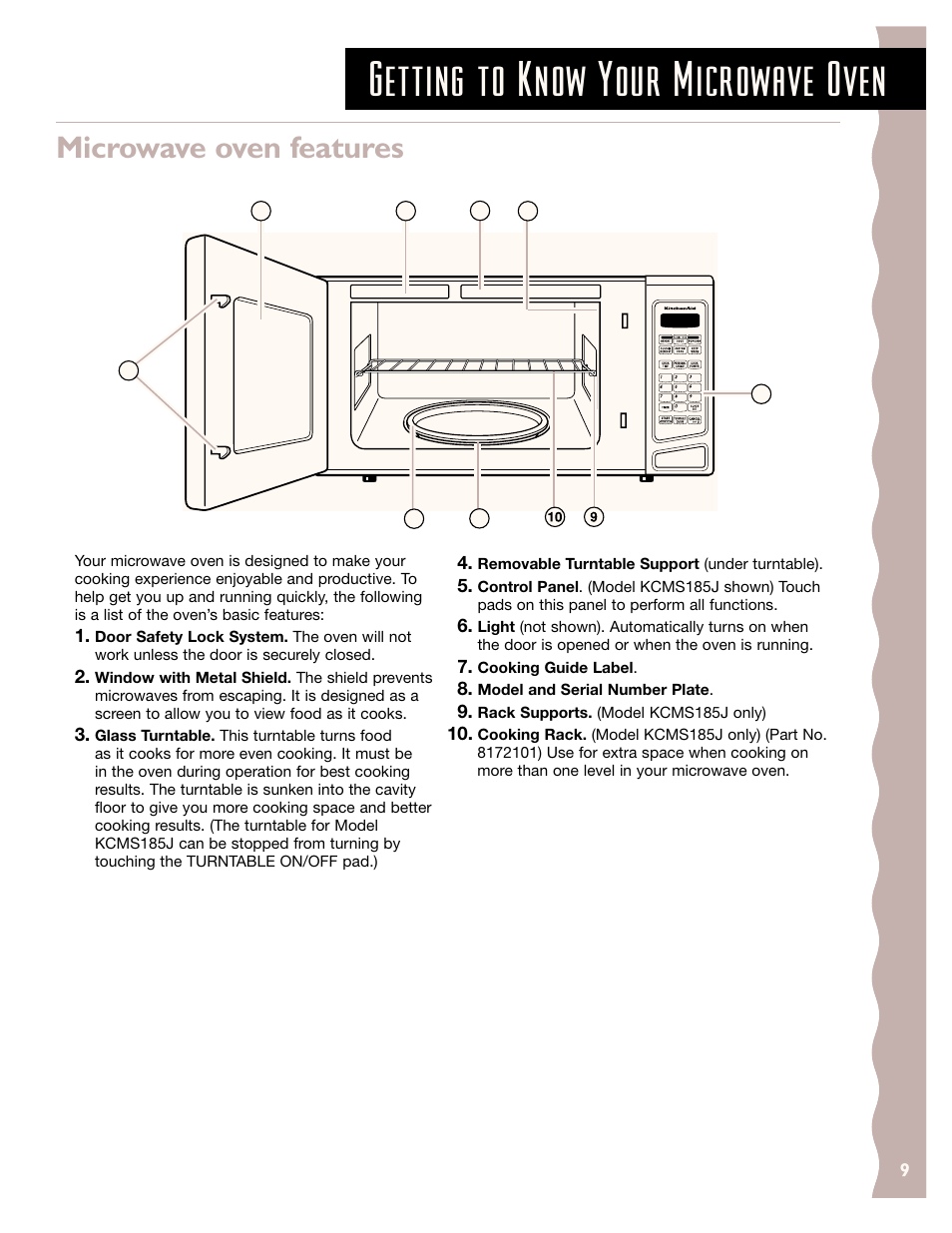 Microwave oven features, Getting to know your microwave oven | KITCHENAID KCMS185J User Manual | Page 9 / 52