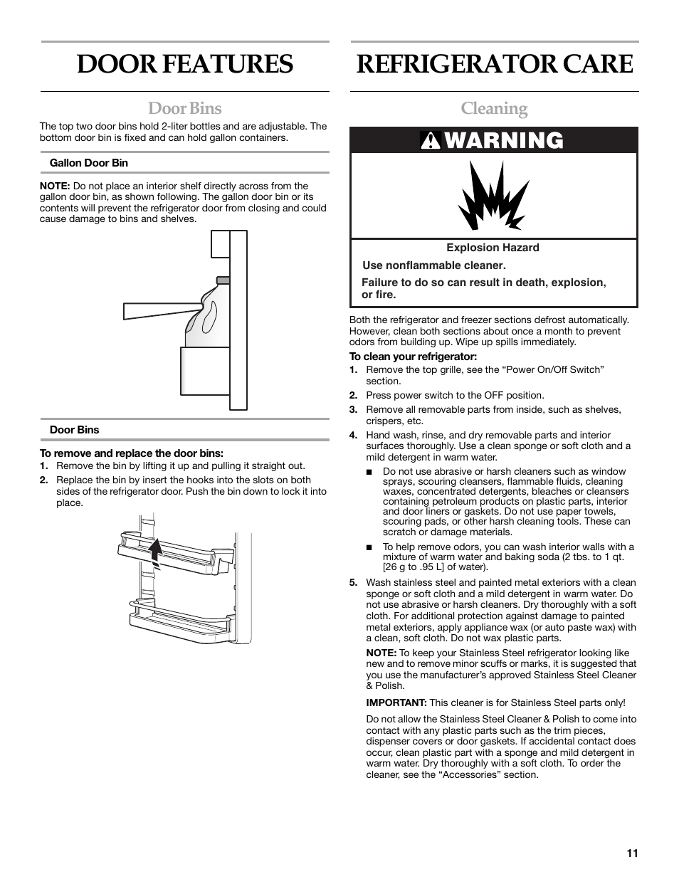 Door features, Refrigerator care, Door bins | Cleaning | KITCHENAID Bottom-Mount Built-In Refrigerator User Manual | Page 11 / 52