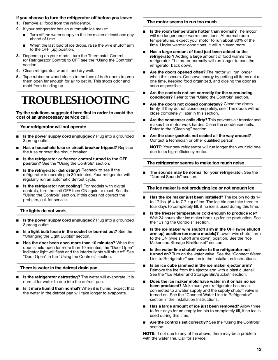 Troubleshooting | KITCHENAID Bottom-Mount Built-In Refrigerator User Manual | Page 13 / 52