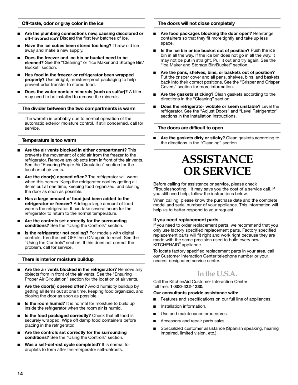 Assistance or service | KITCHENAID Bottom-Mount Built-In Refrigerator User Manual | Page 14 / 52