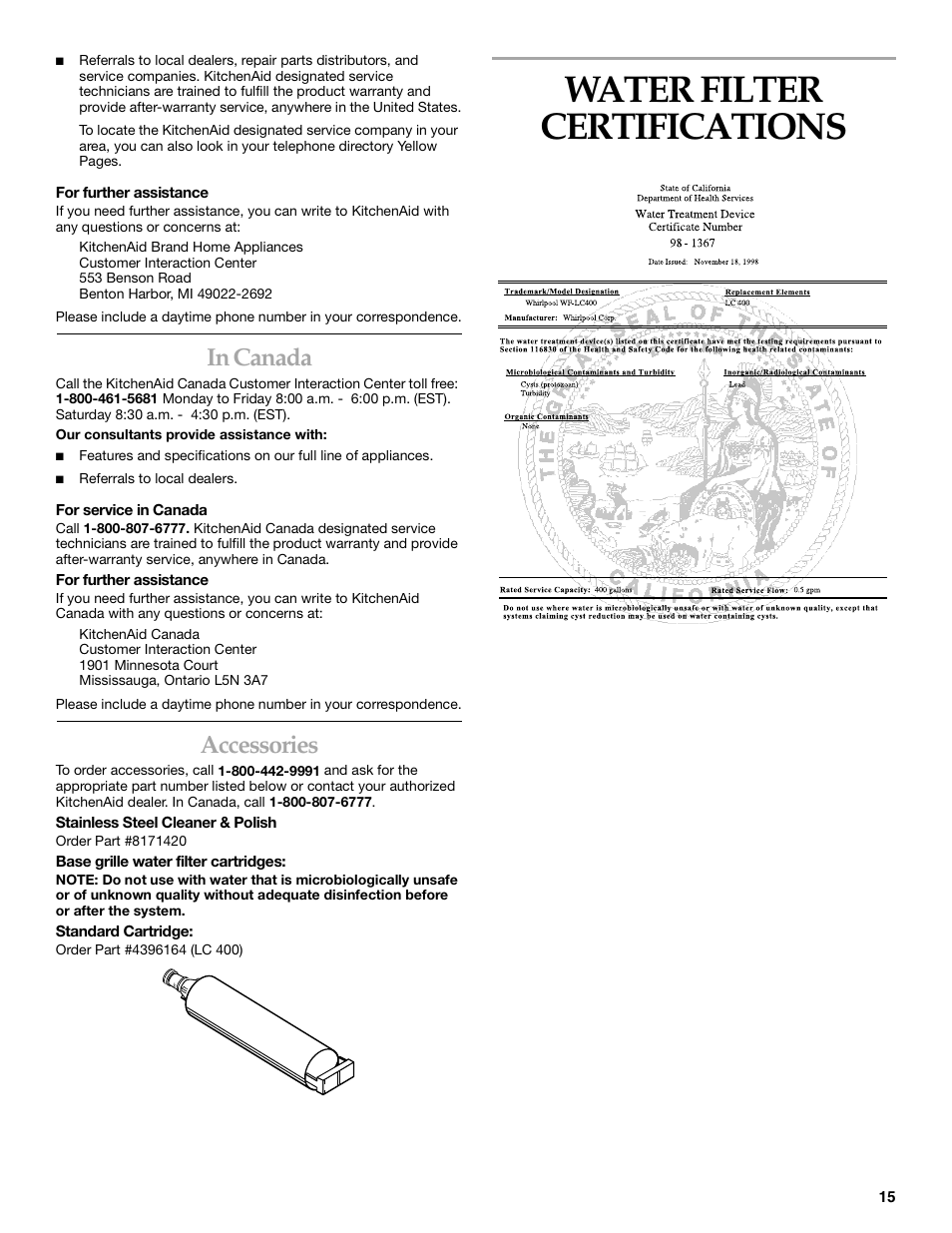 Water filter certifications, Accessories | KITCHENAID Bottom-Mount Built-In Refrigerator User Manual | Page 15 / 52