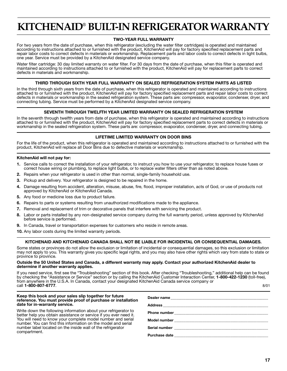 Warranty, Kitchenaid, Built-in refrigerator warranty | KITCHENAID Bottom-Mount Built-In Refrigerator User Manual | Page 17 / 52