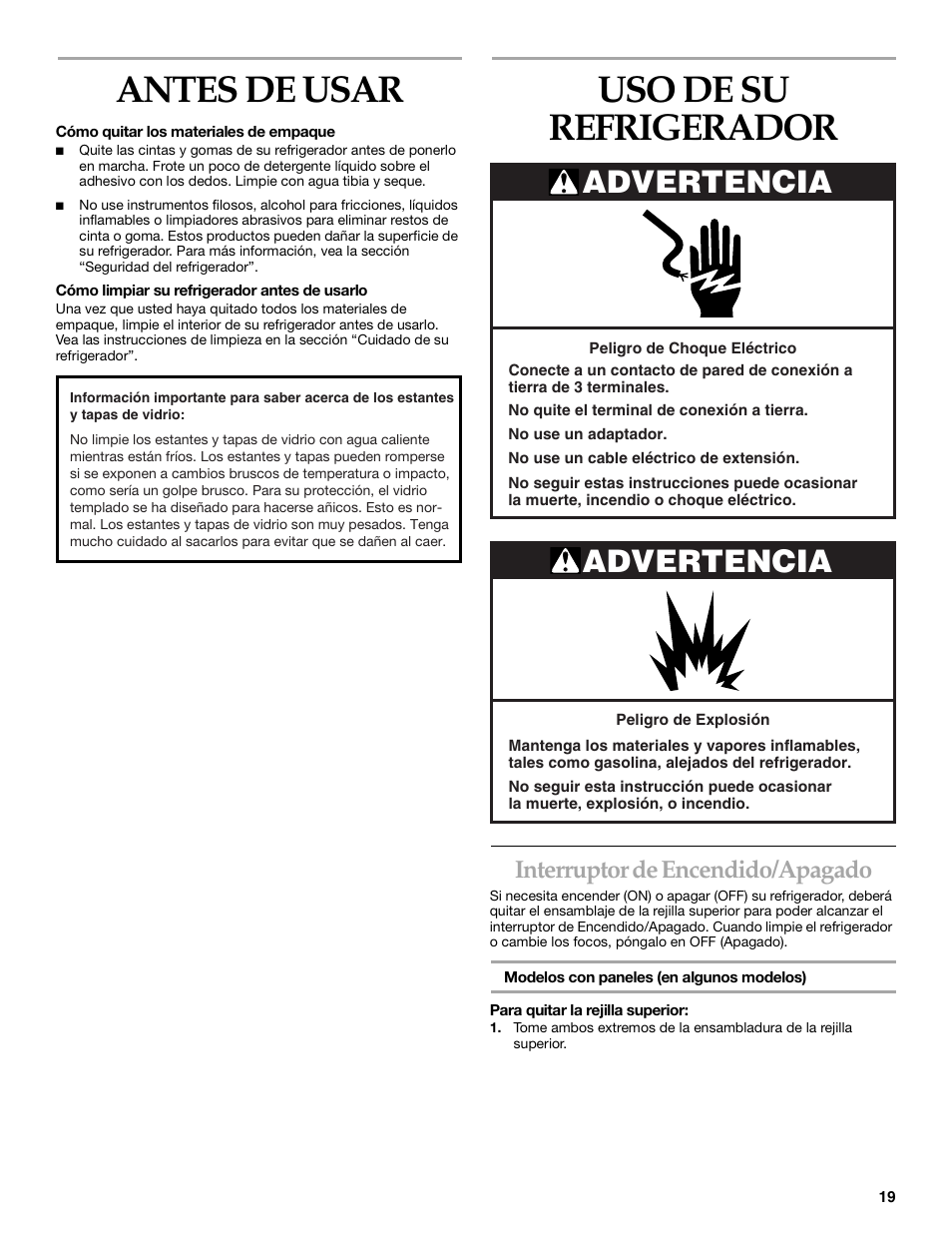 Antes de usar, Uso de su refrigerador, Advertencia | Interruptor de encendido/apagado | KITCHENAID Bottom-Mount Built-In Refrigerator User Manual | Page 19 / 52