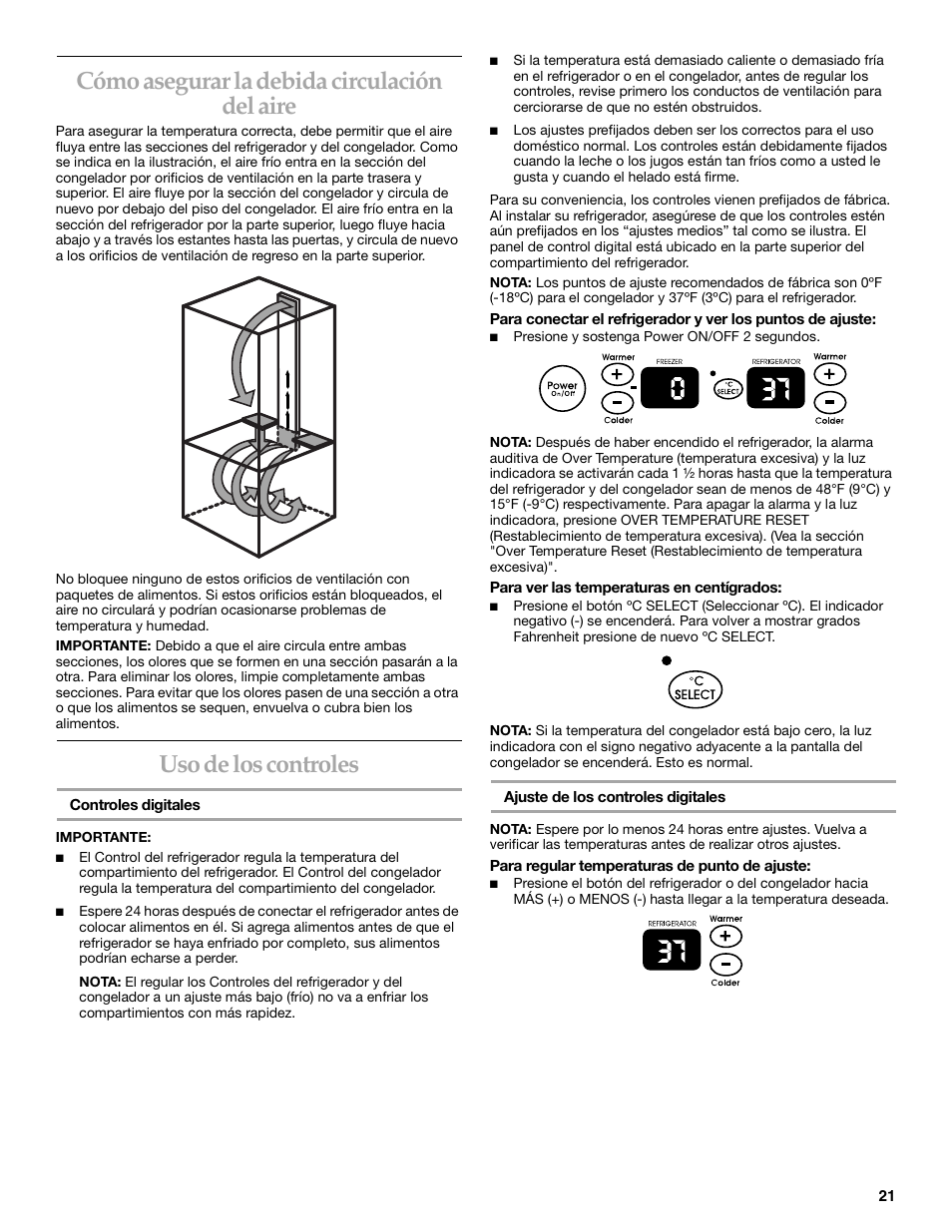 Cómo asegurar la debida circulación del aire, Uso de los controles | KITCHENAID Bottom-Mount Built-In Refrigerator User Manual | Page 21 / 52