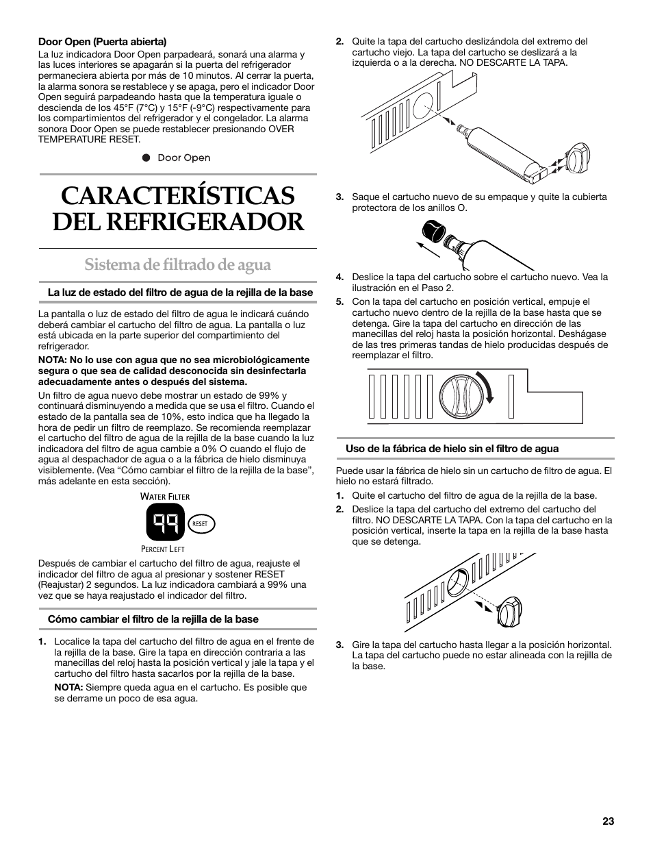 Características del refrigerador, Sistema de filtrado de agua | KITCHENAID Bottom-Mount Built-In Refrigerator User Manual | Page 23 / 52