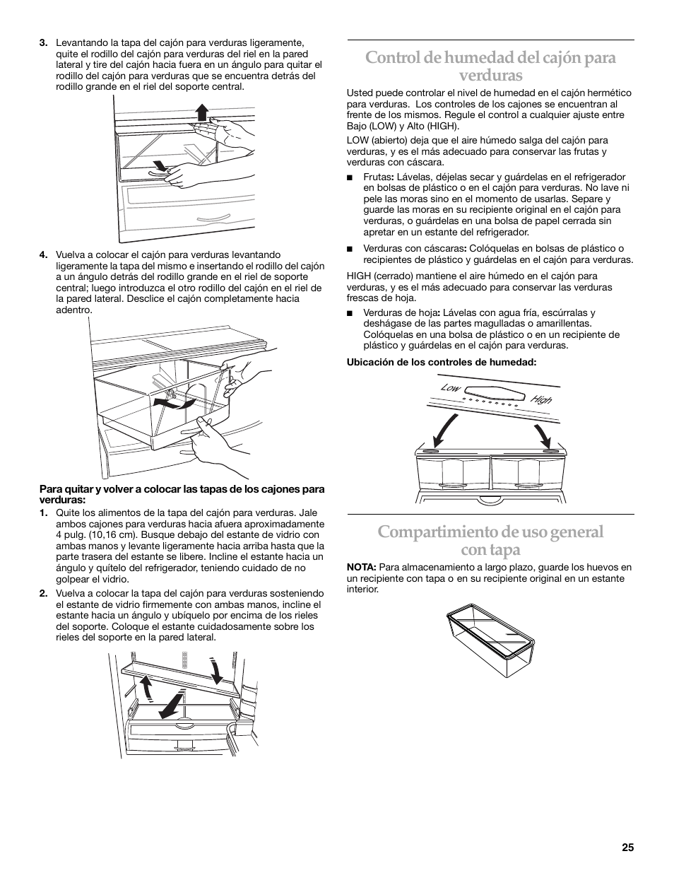 Control de humedad del cajón para verduras, Compartimiento de uso general con tapa | KITCHENAID Bottom-Mount Built-In Refrigerator User Manual | Page 25 / 52