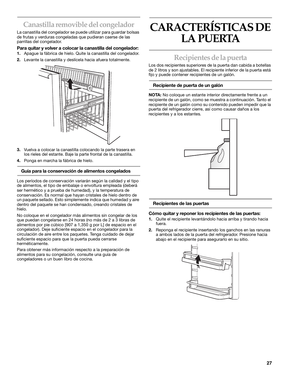 Características de la puerta, Canastilla removible del congelador, Recipientes de la puerta | KITCHENAID Bottom-Mount Built-In Refrigerator User Manual | Page 27 / 52