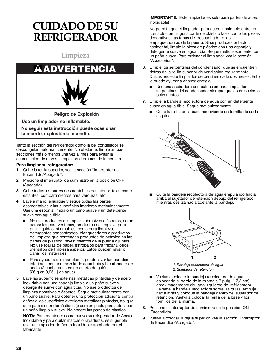 Cuidado de su refrigerador, Advertencia, Limpieza | KITCHENAID Bottom-Mount Built-In Refrigerator User Manual | Page 28 / 52