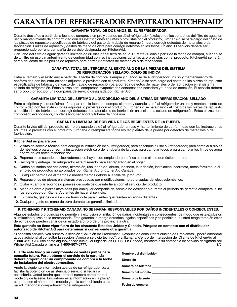Garantía, Garantía del refrigerador empotrado kitchenaid | KITCHENAID Bottom-Mount Built-In Refrigerator User Manual | Page 34 / 52