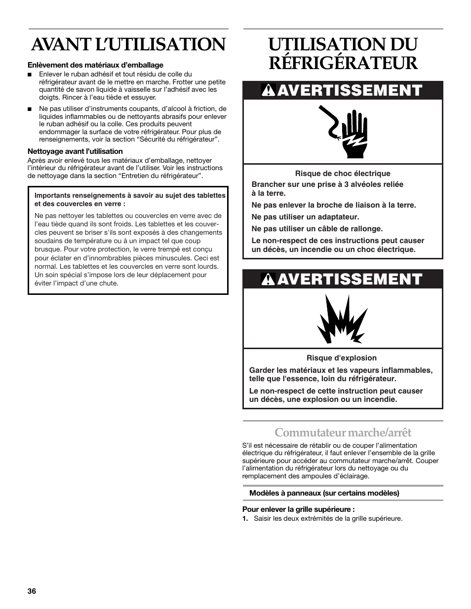 Avant l’utilisation, Utilisation du refrigerateur, Utilisation du réfrigérateur | Avertissement, Commutateur marche/arrêt | KITCHENAID Bottom-Mount Built-In Refrigerator User Manual | Page 36 / 52