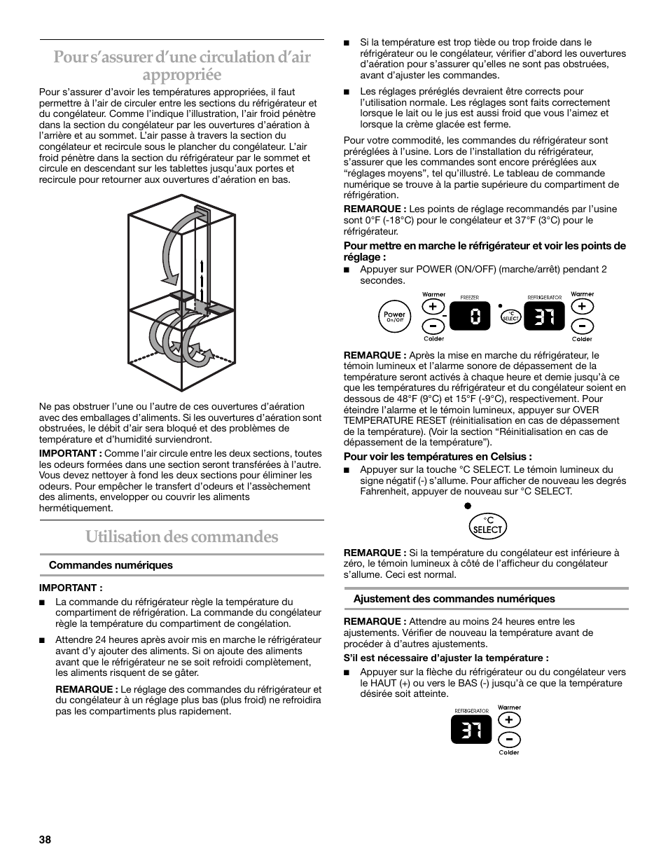 Pour s’assurer d’une circulation d’air appropriée, Utilisation des commandes | KITCHENAID Bottom-Mount Built-In Refrigerator User Manual | Page 38 / 52