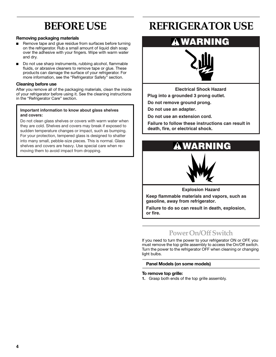 Before use, Refrigerator use, Warning | Power on/off switch | KITCHENAID Bottom-Mount Built-In Refrigerator User Manual | Page 4 / 52