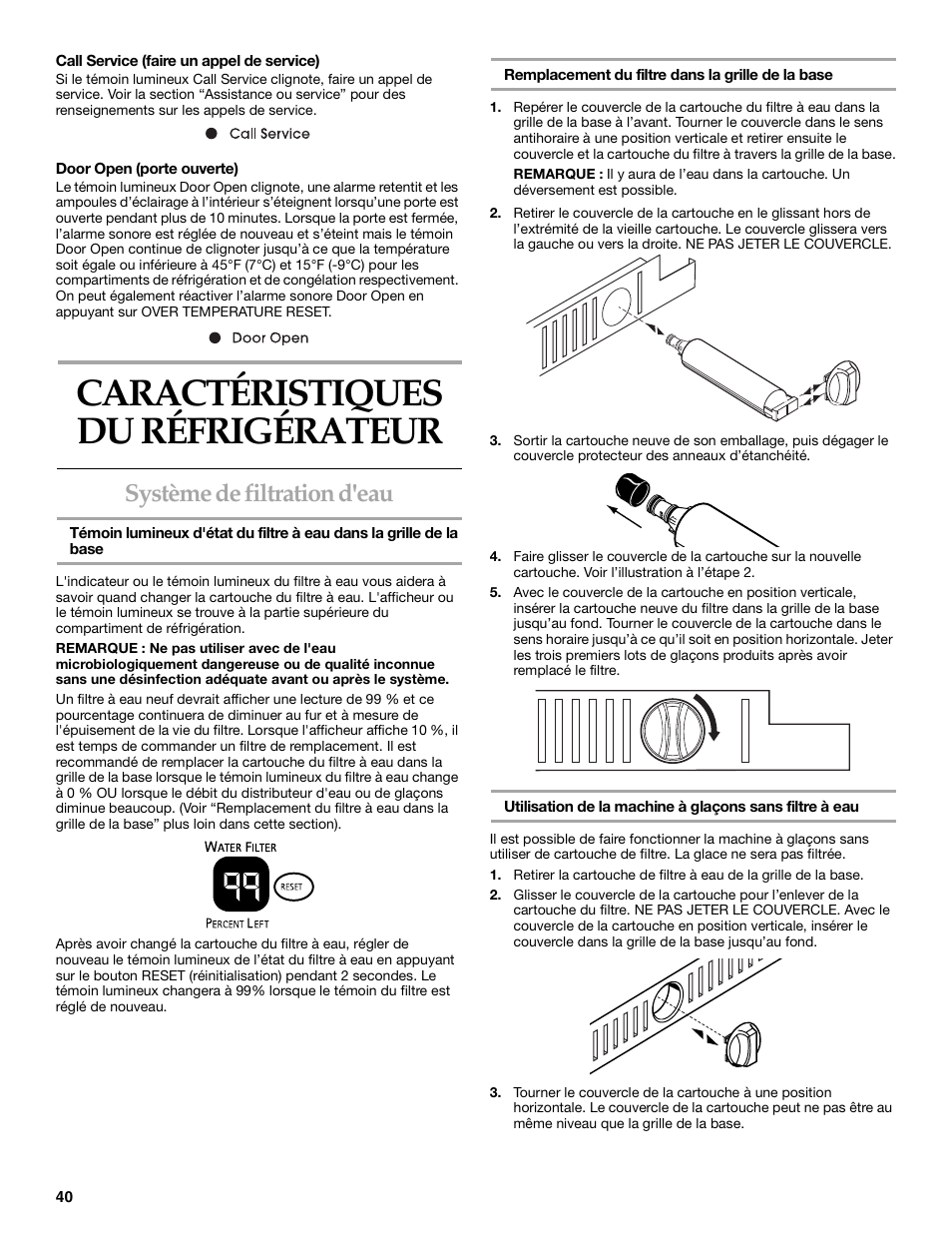 Caractéristiques du refrigerateur, Caractéristiques du réfrigérateur, Système de filtration d'eau | KITCHENAID Bottom-Mount Built-In Refrigerator User Manual | Page 40 / 52