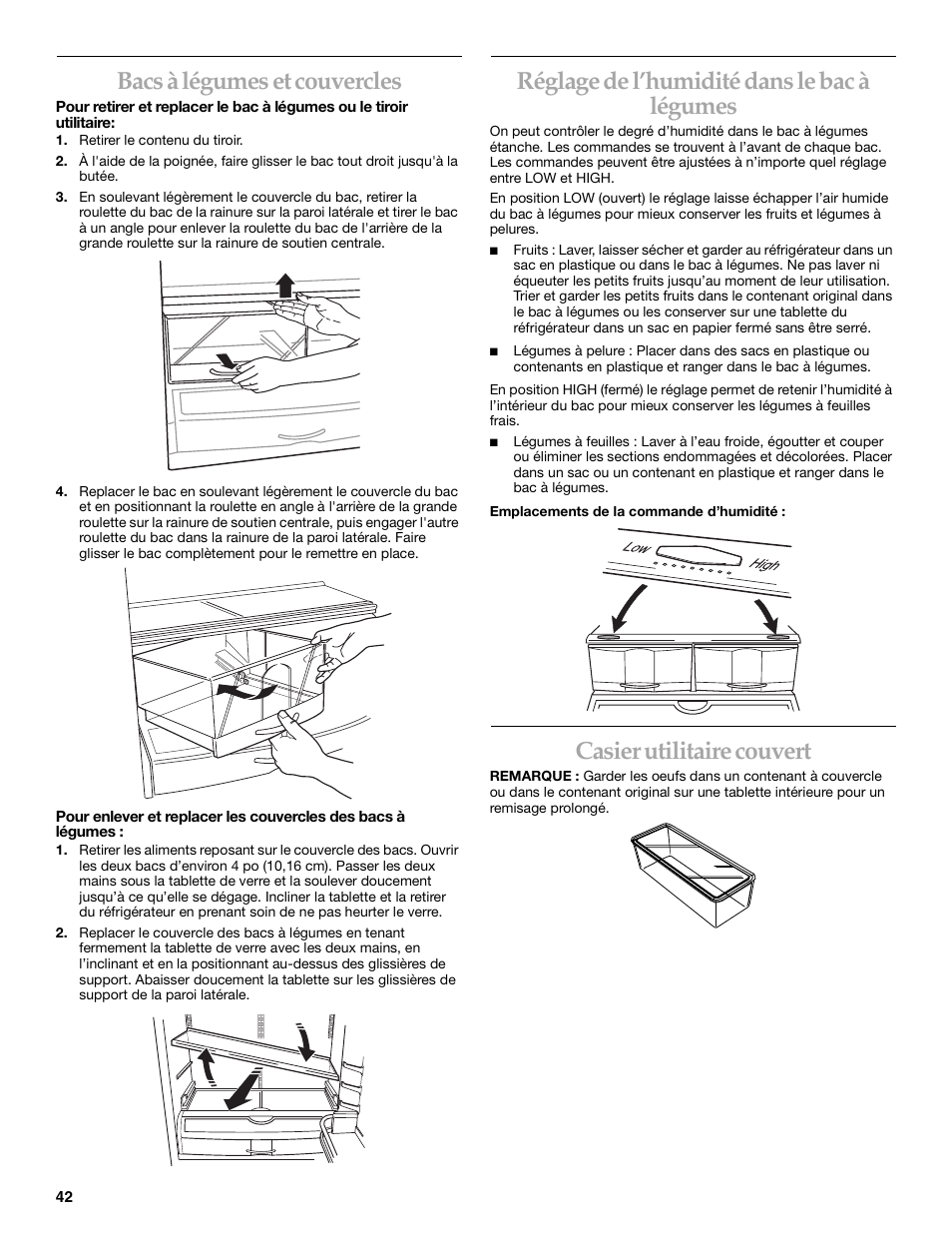Bacs à légumes et couvercles, Réglage de l’humidité dans le bac à légumes, Casier utilitaire couvert | KITCHENAID Bottom-Mount Built-In Refrigerator User Manual | Page 42 / 52