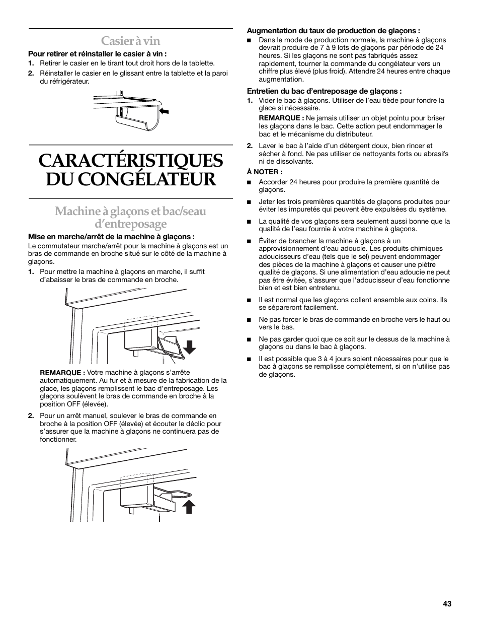 Caractéristiques du congelateur, Caractéristiques du congélateur, Casier à vin | Machine à glaçons et bac/seau d’entreposage | KITCHENAID Bottom-Mount Built-In Refrigerator User Manual | Page 43 / 52