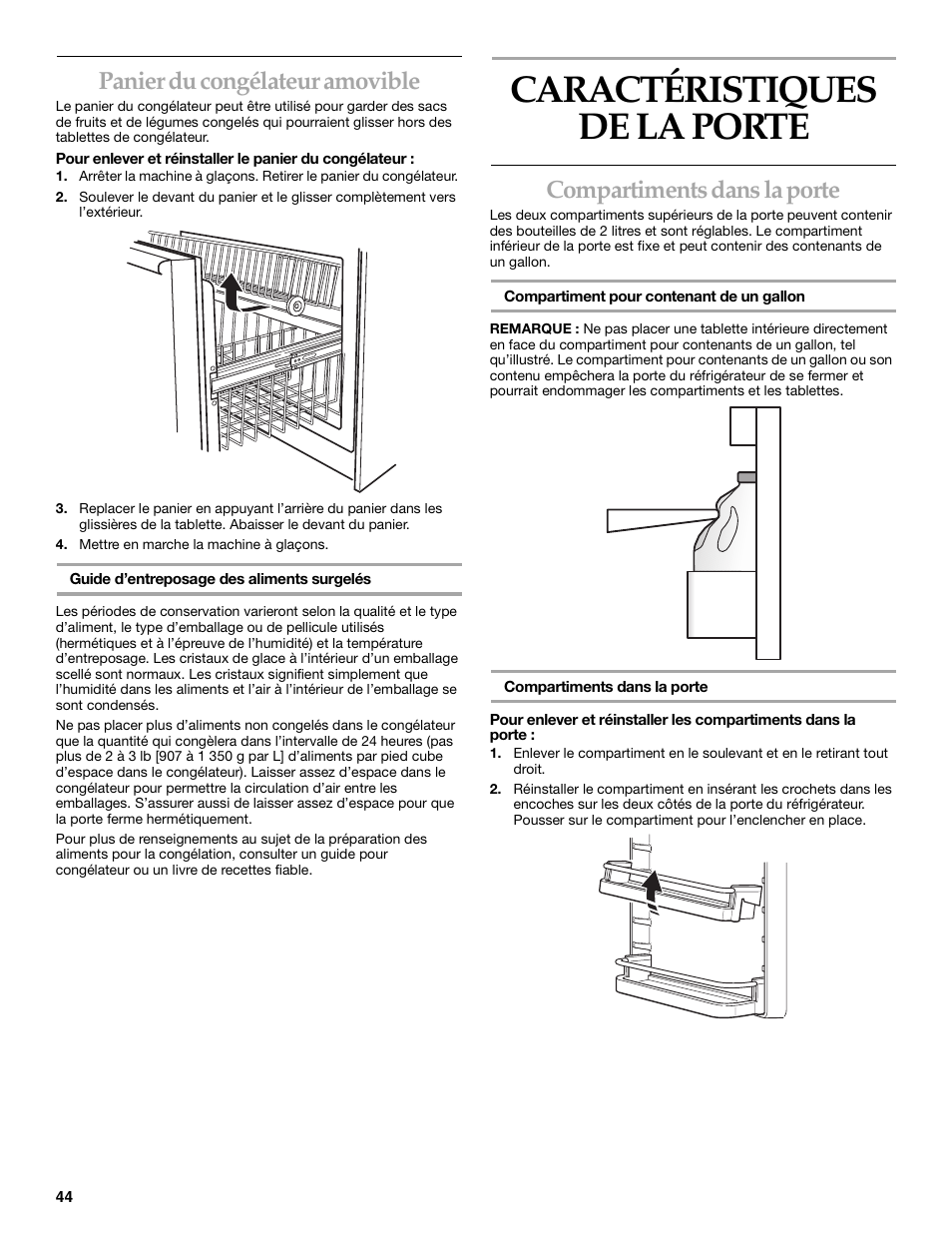 Caractéristiques de la porte, Panier du congélateur amovible, Compartiments dans la porte | KITCHENAID Bottom-Mount Built-In Refrigerator User Manual | Page 44 / 52