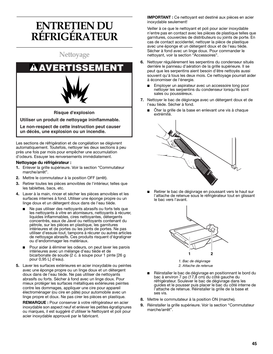 Entretien du refrigerateur, Entretien du réfrigérateur, Avertissement | Nettoyage | KITCHENAID Bottom-Mount Built-In Refrigerator User Manual | Page 45 / 52