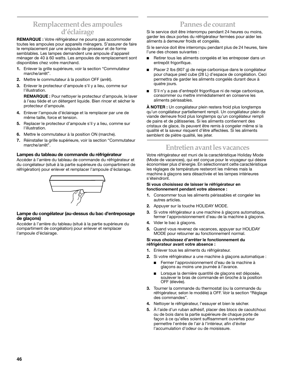 Remplacement des ampoules d’éclairage, Pannes de courant, Entretien avant les vacances | KITCHENAID Bottom-Mount Built-In Refrigerator User Manual | Page 46 / 52