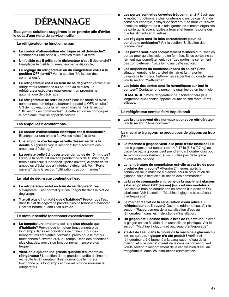 Dépannage | KITCHENAID Bottom-Mount Built-In Refrigerator User Manual | Page 47 / 52