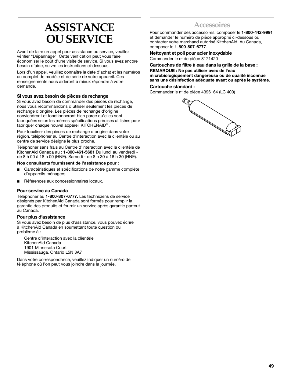 Assistance ou service, Accessoires | KITCHENAID Bottom-Mount Built-In Refrigerator User Manual | Page 49 / 52