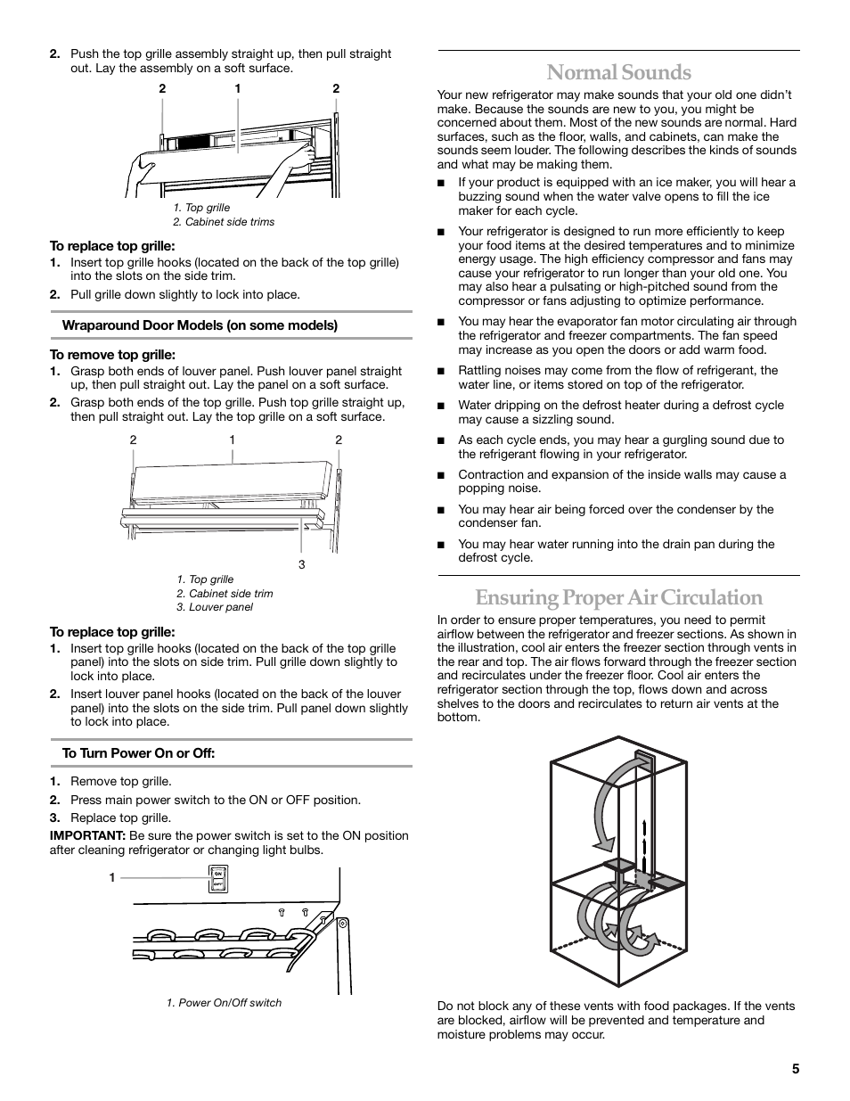 Normal sounds, Ensuring proper air circulation | KITCHENAID Bottom-Mount Built-In Refrigerator User Manual | Page 5 / 52