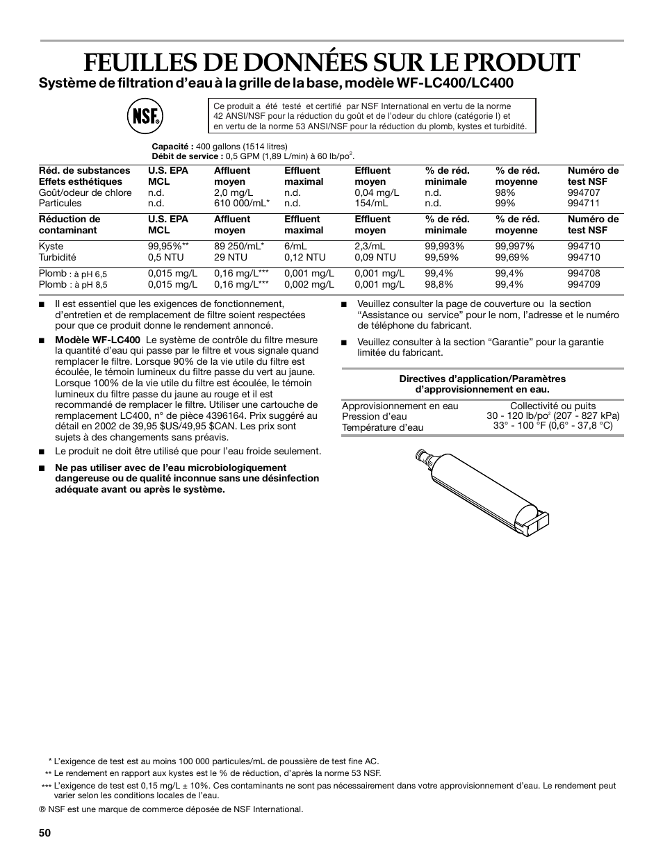 Feuillesde donnéessur leproduit, Feuilles de données sur le produit, Système | Filtration, D’eau, Grille, Base, Modèle | KITCHENAID Bottom-Mount Built-In Refrigerator User Manual | Page 50 / 52