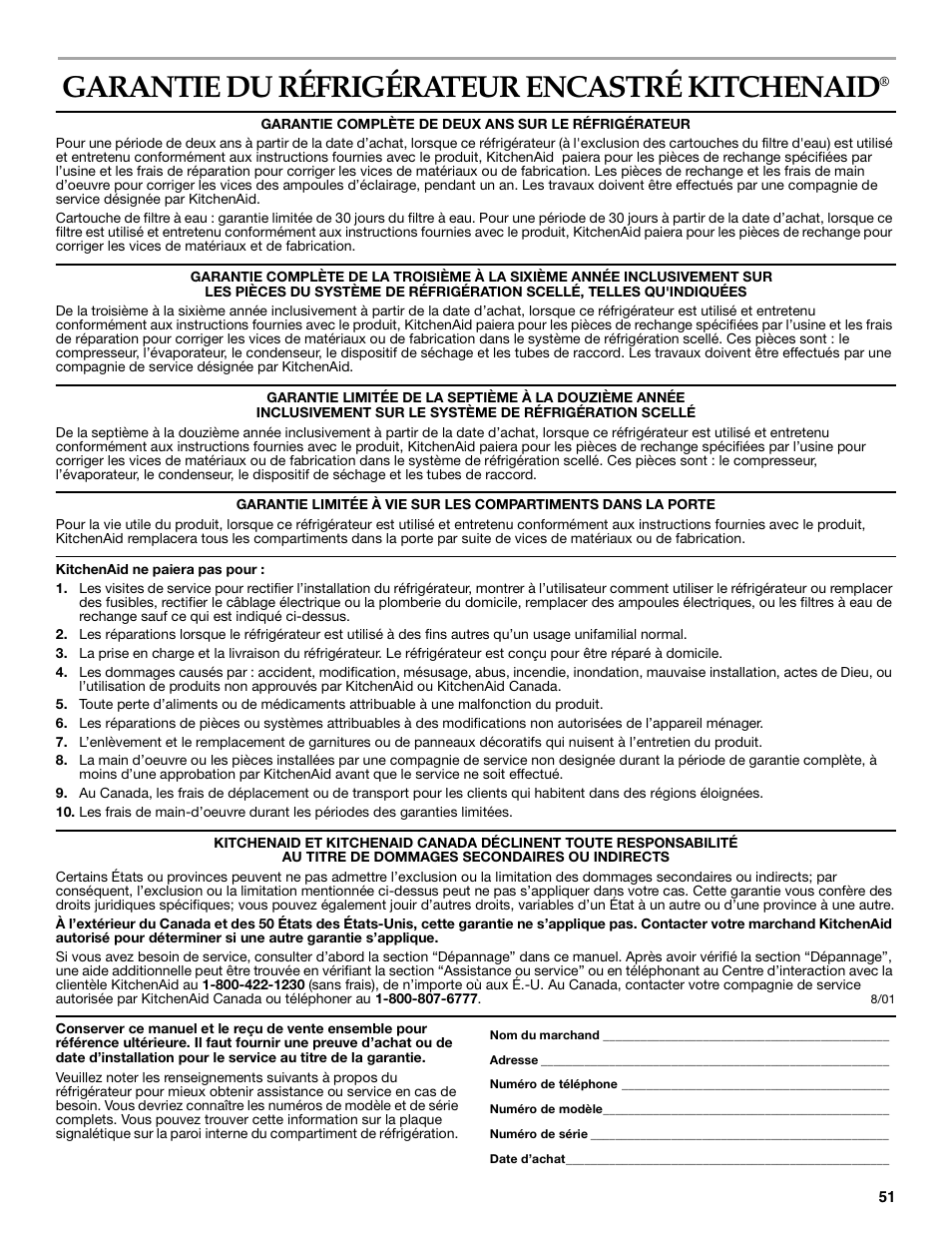 Garantie, Garantie du réfrigérateur encastré kitchenaid | KITCHENAID Bottom-Mount Built-In Refrigerator User Manual | Page 51 / 52