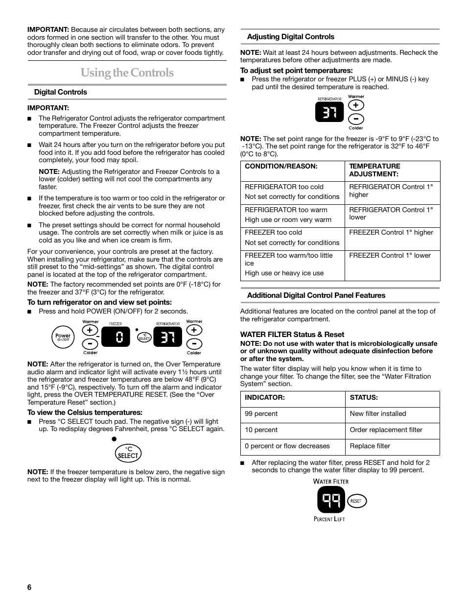 Using the controls | KITCHENAID Bottom-Mount Built-In Refrigerator User Manual | Page 6 / 52